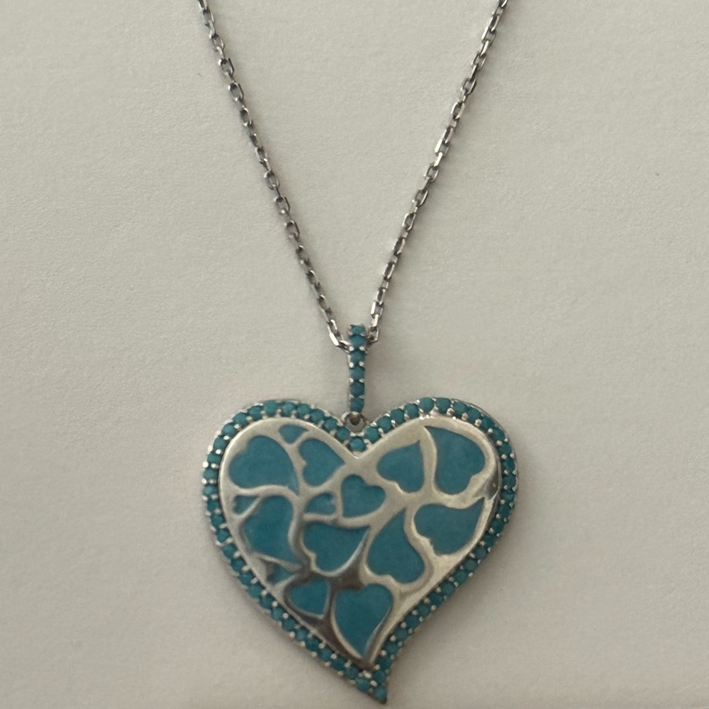 925 Silver hearts in a heart handmade enamel blue turquoise stunning necklace